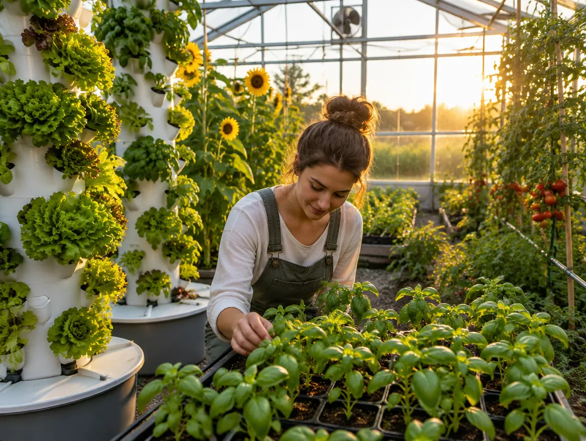 A gardener inspecting basil seedlings inside a sunlit greenhouse