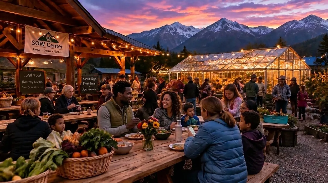 Families sharing a harvest meal at long tables under string lights at dusk