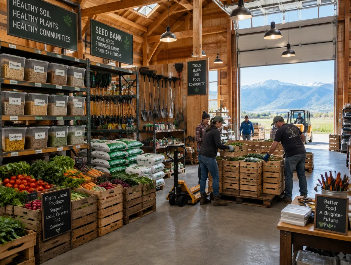 Volunteers loading crates of produce inside a timber-framed warehouse
