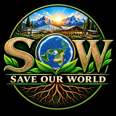 SOW — Save Our World emblem: a globe set in the letter O, mountains and a greenhouse above, roots below