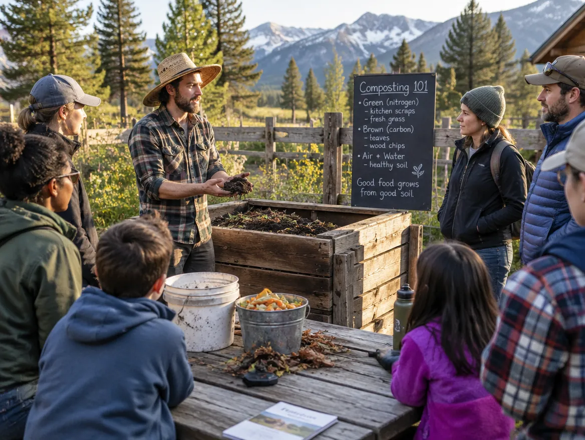 An instructor teaching a composting workshop to adults and children outdoors